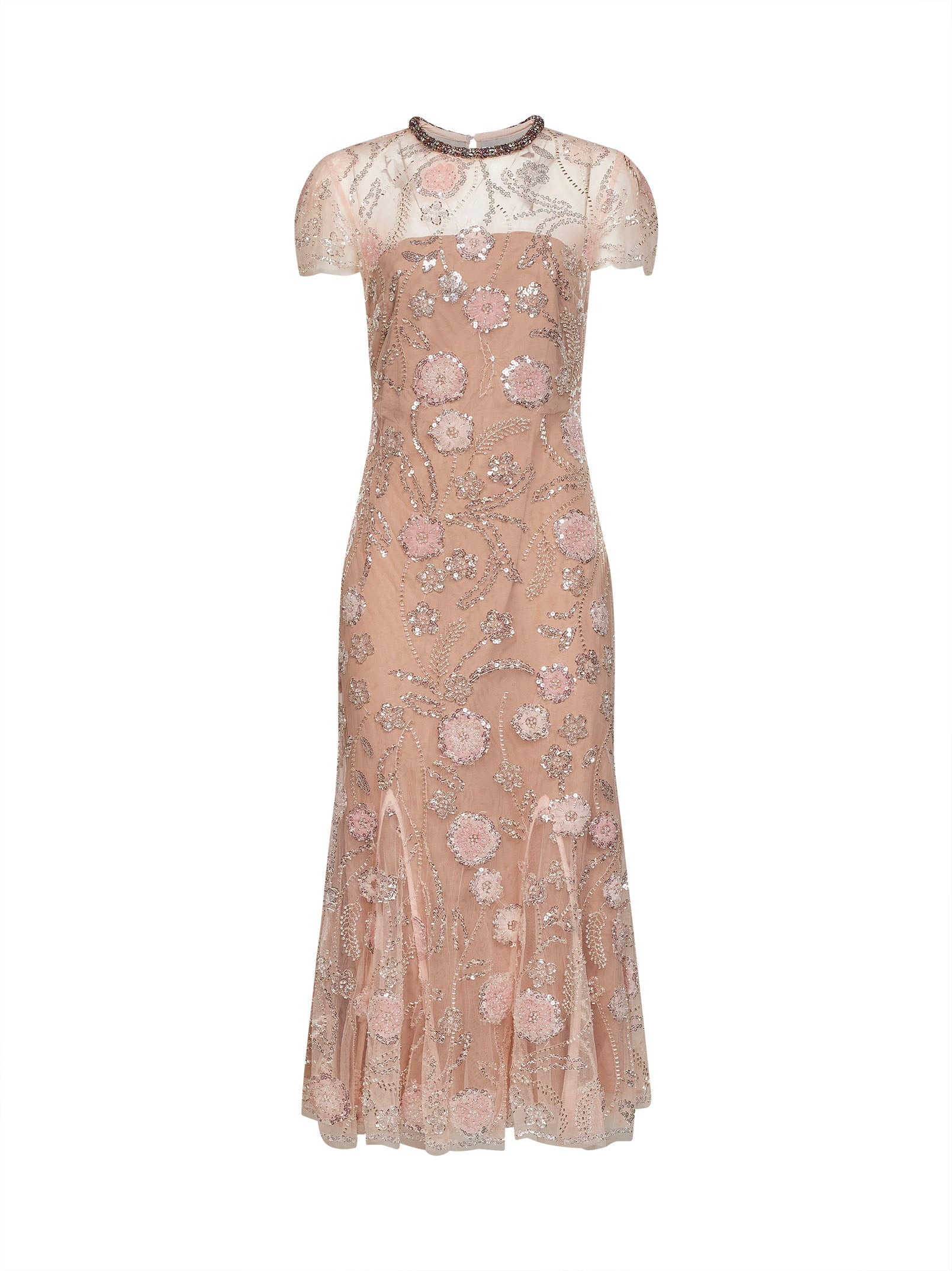 Sequin Floral Embroidered Tulle Dress — Pink