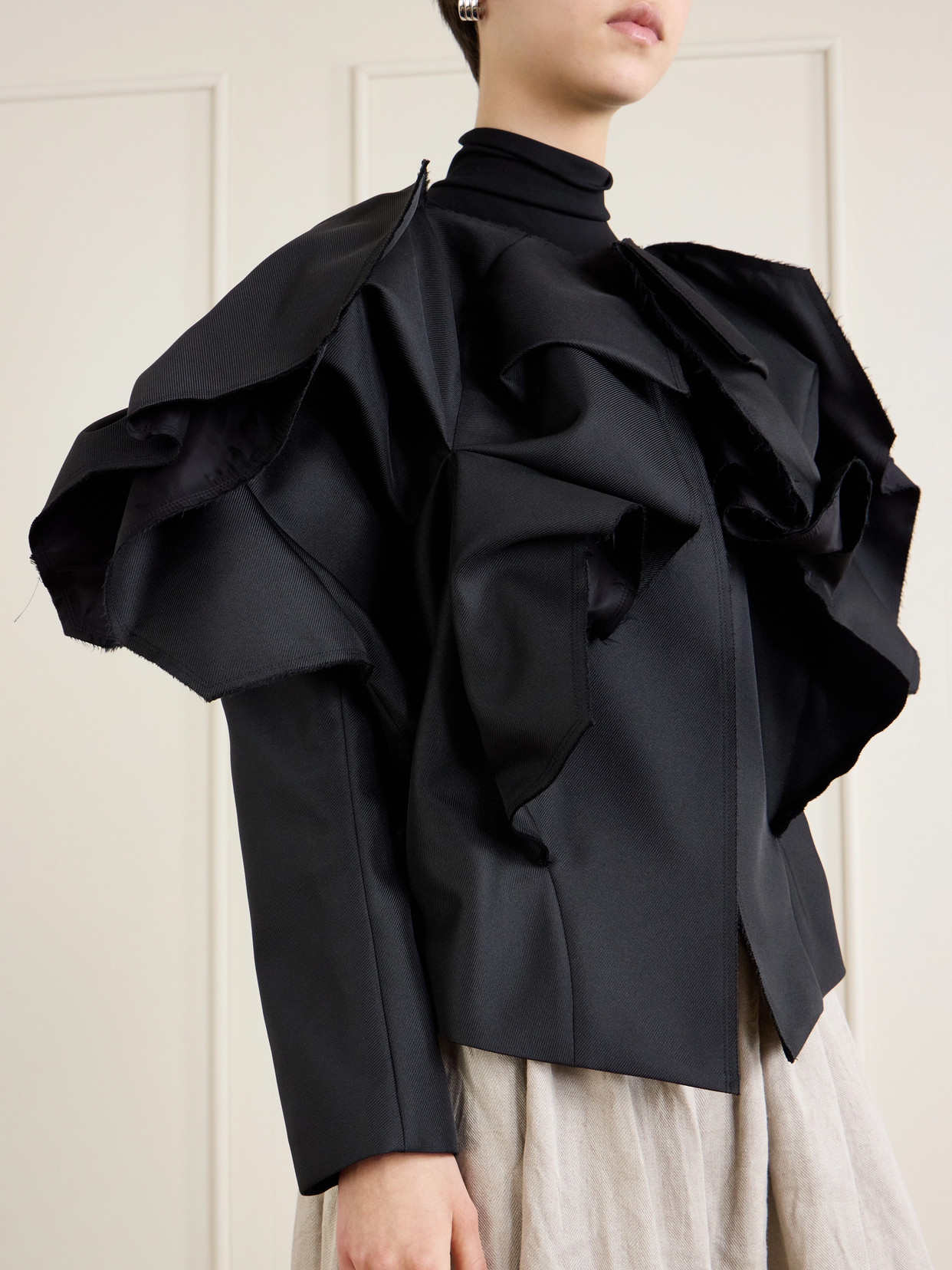 Ruffled Frayed Gabardine Jacket - Black