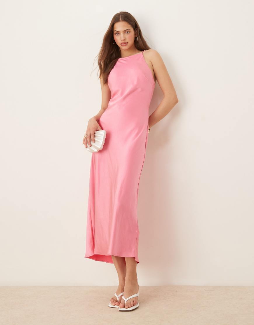 Gina Tricot Bridesmaid high neck satin maxi dress in pink
