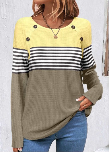 Modlily Sage Green Patchwork Striped Long Sleeve Sweatshirt