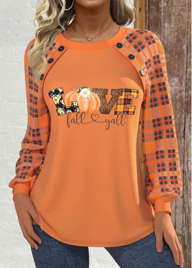 Modlily Halloween Orange Button Long Sleeve Round Neck Sweatshirt