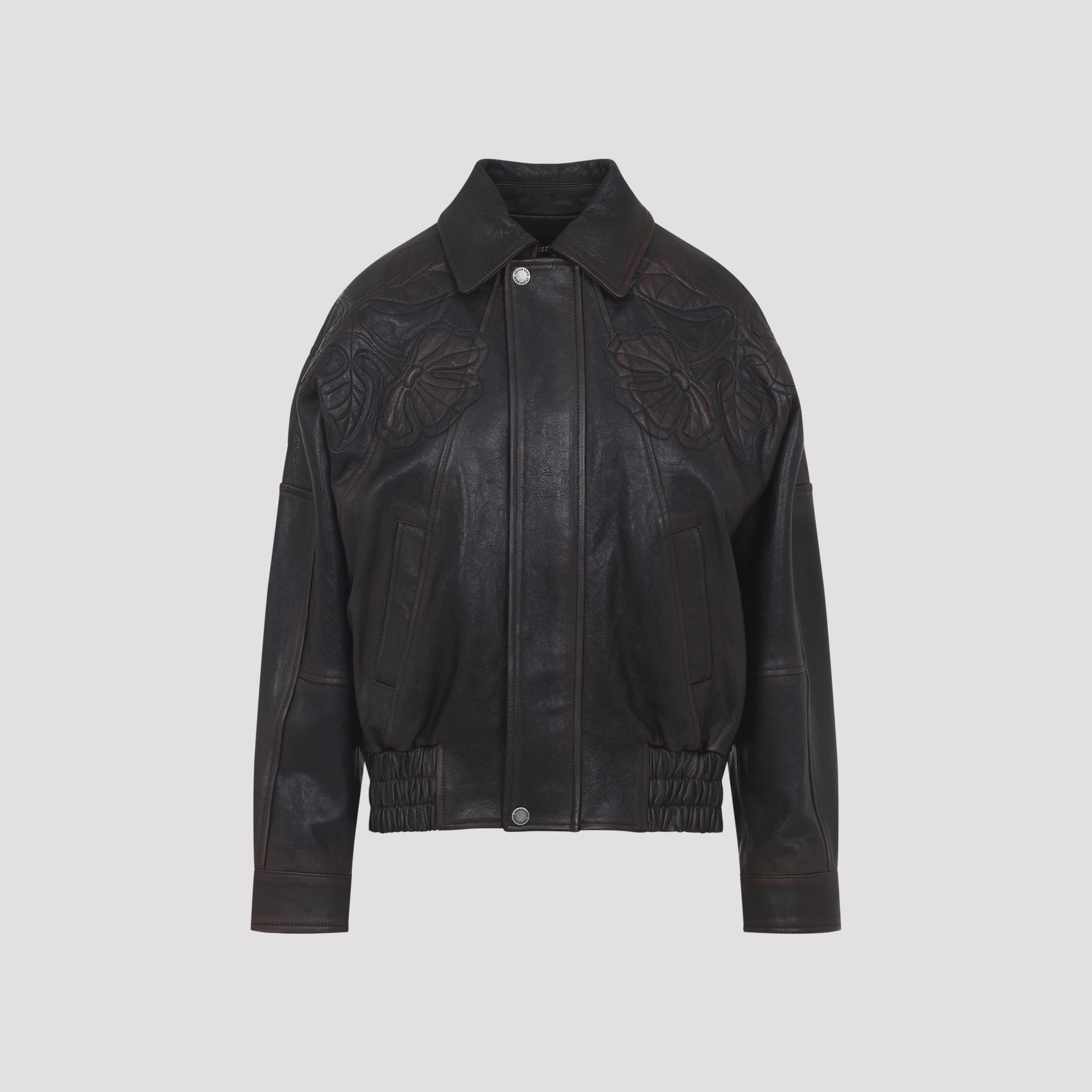 Leather Bomber Jacket with Floral Embroidery