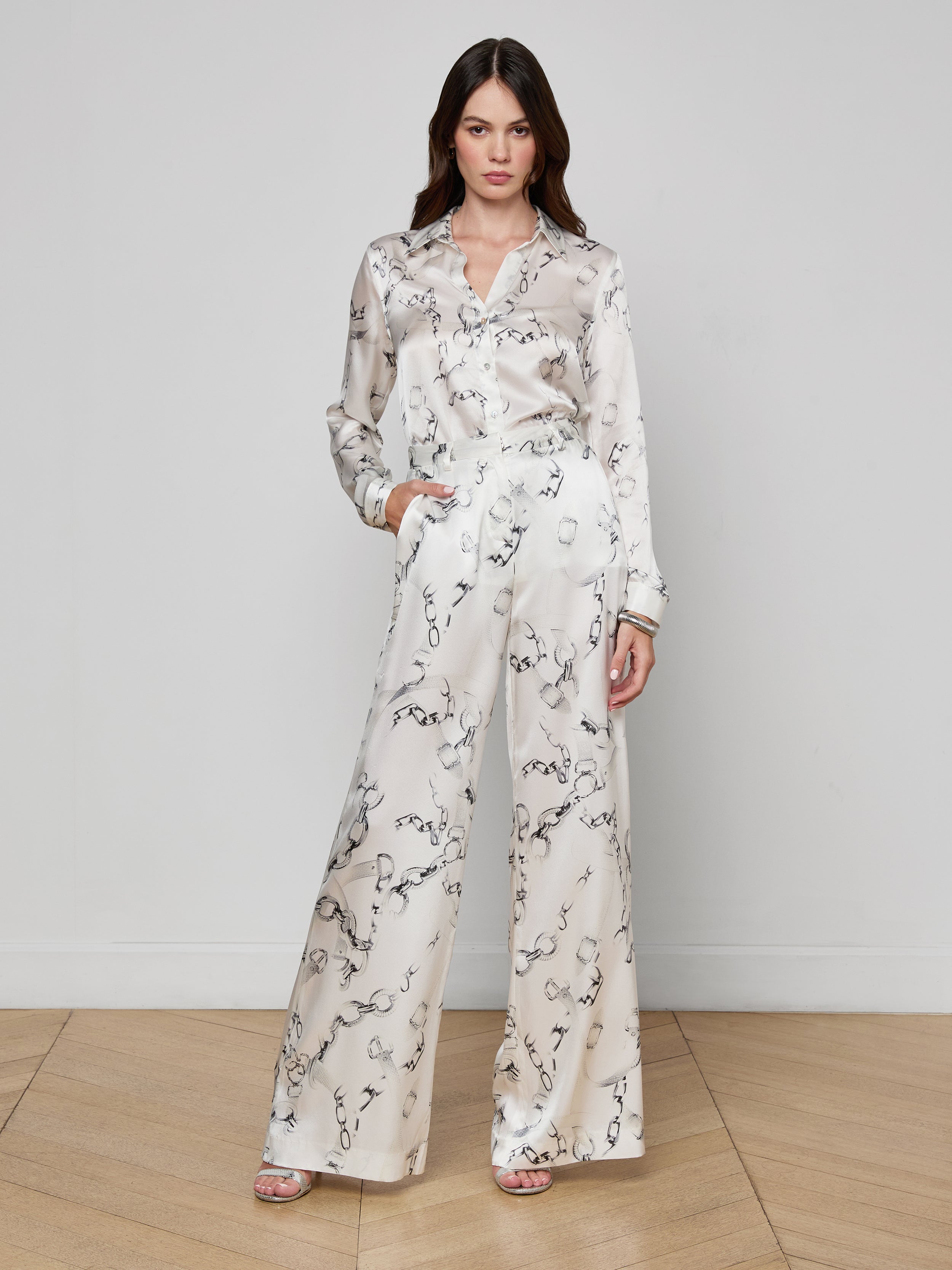 Gavin Silk Wide-Leg Pants In Ivory/grey Medium Faded Chain