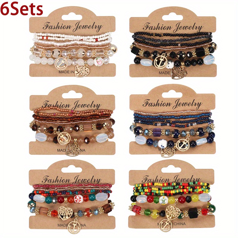 TEMU 6pcs Chic Bracelet Set For Women - Adjustable, Stackable Beaded Stretch Bracelets With Life Tree & Tassel Charms, Ethnic Bohemian Style
