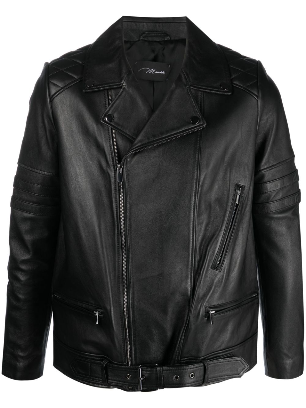 Off-centre zip-fastening leather jacket - Black