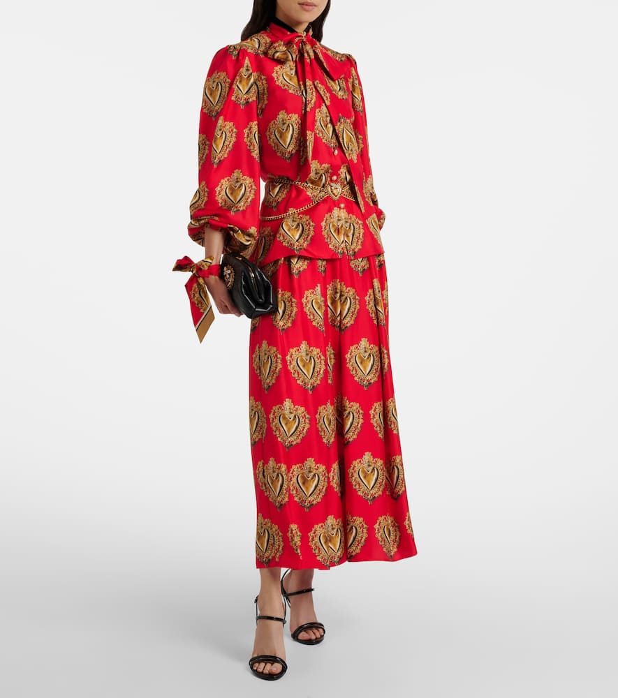 Printed tie-neck silk blouse