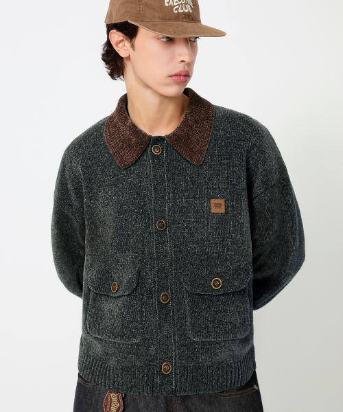 Leather Patchwork Velvet Cardigan Knit _ Khaki