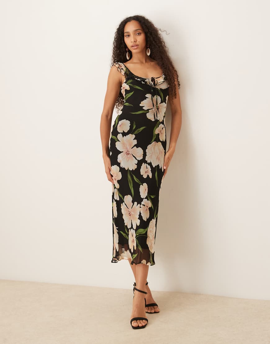 Ruffle trim sleeveless maxi dress in dark based floral print-Black