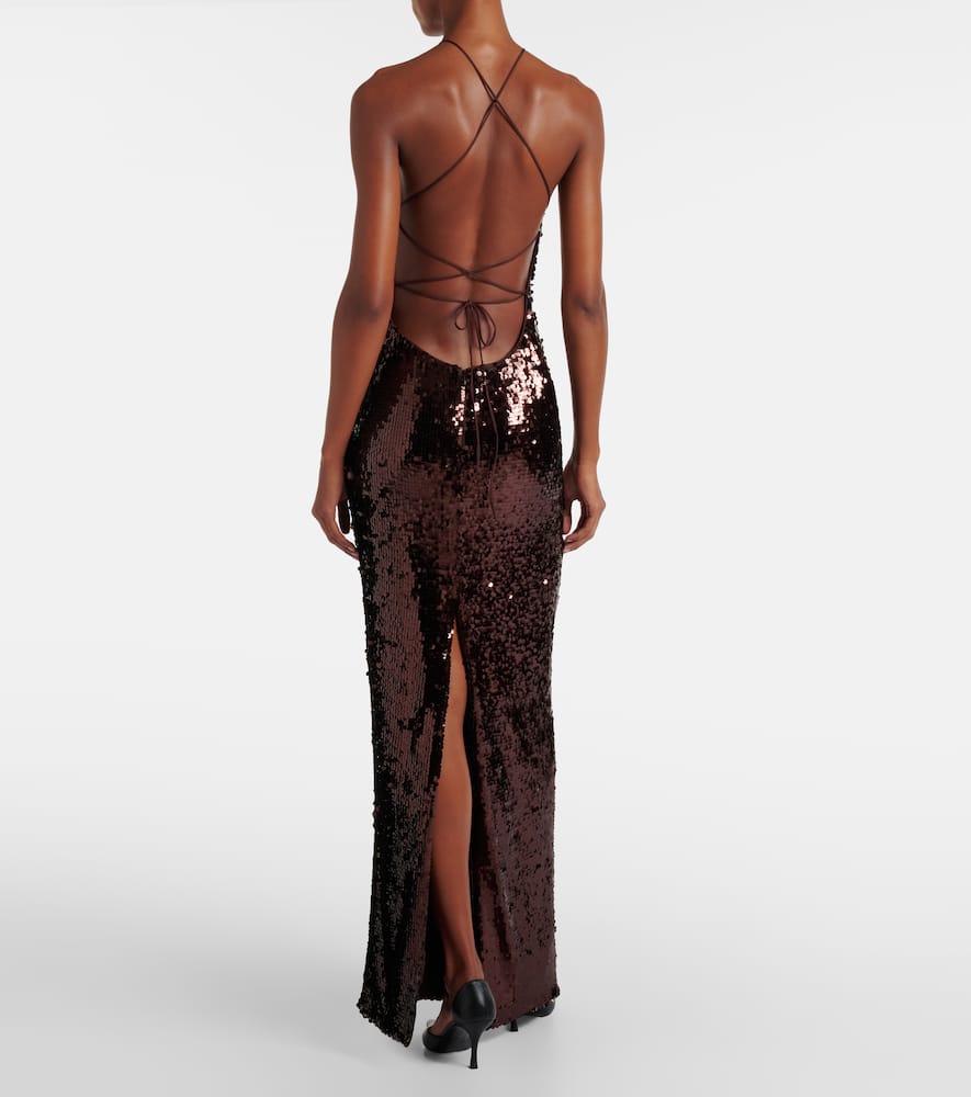 Floral-appliqué sequined gown