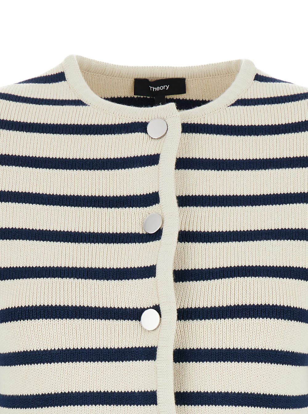 White Crewneck Sriped Cardigan In Cotton Woman