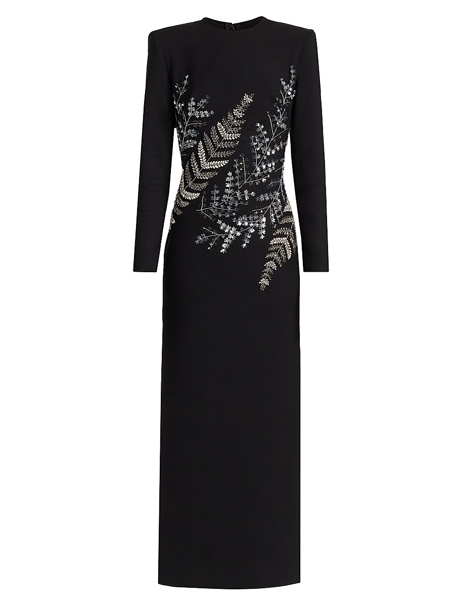 Women's Fern Embroidered Long-Sleeve Stretch-Wool Gown - Black