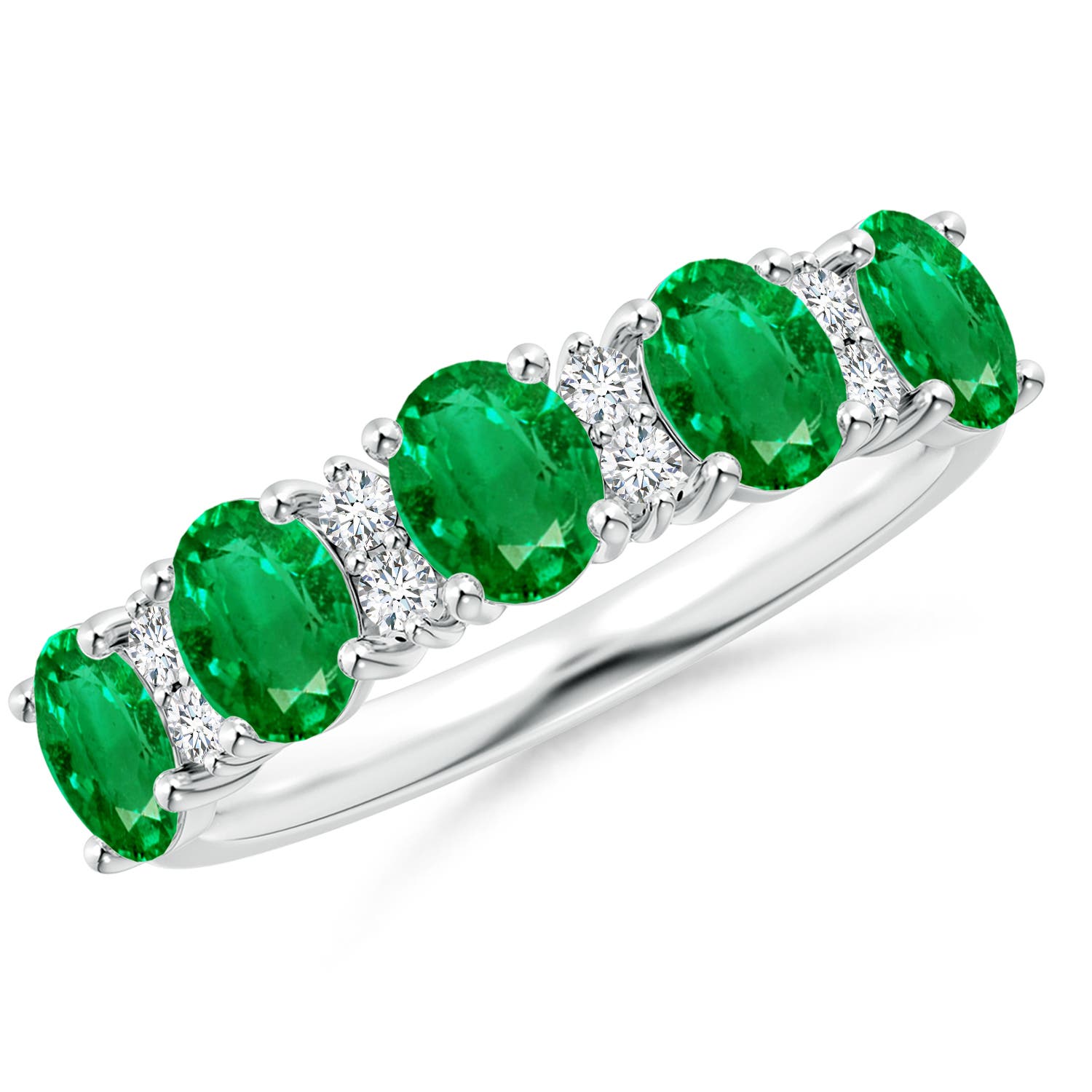 Angara 1.5 Carats Five Stone Emerald and Diamond Wedding Ring in 18K White Gold
