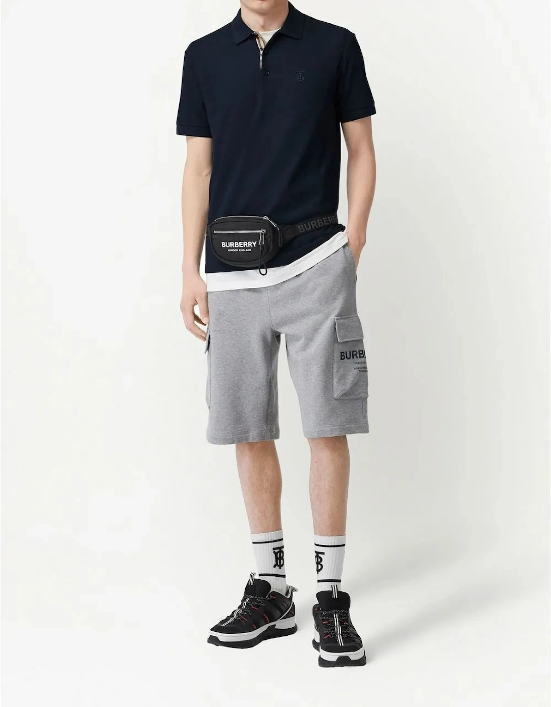 Men's Burberry Monogram Polo Shirt Navy Blue - Black