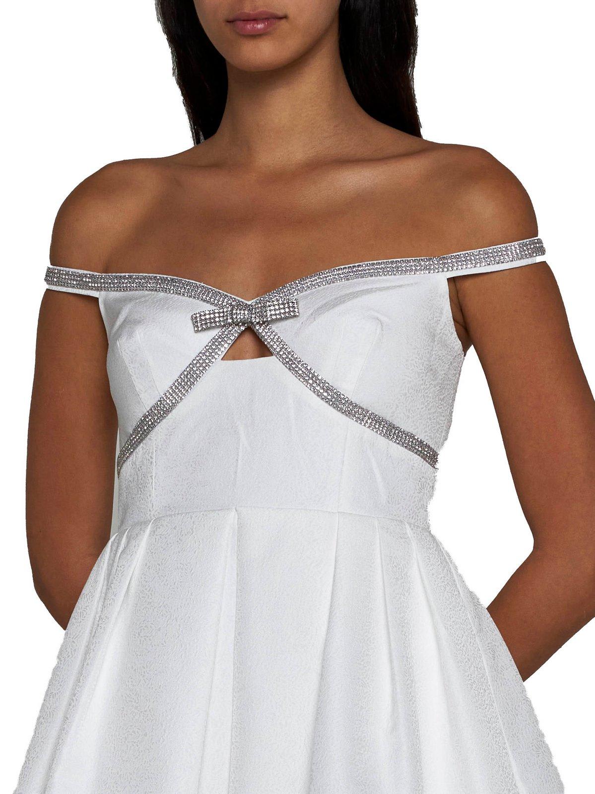 Diamanté-trim off-shoulder minidress - White