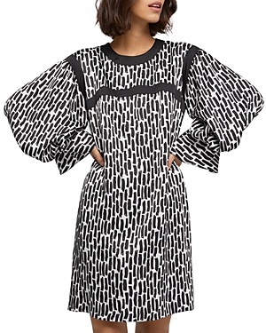 Brushstroke Pattern Puffed Long Sleeve Mini Dress In Black/White