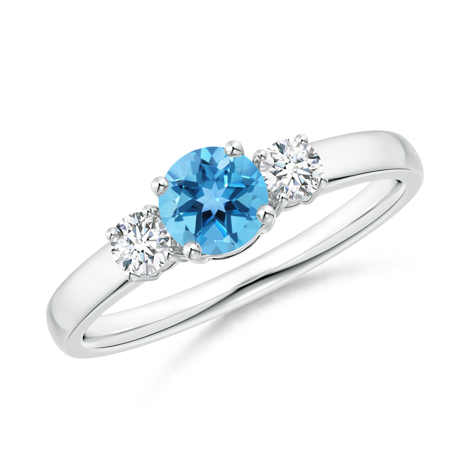 Angara 0.6 Carat Classic Round Swiss Blue Topaz and Diamond Three Stone Engagement Ring in Silver