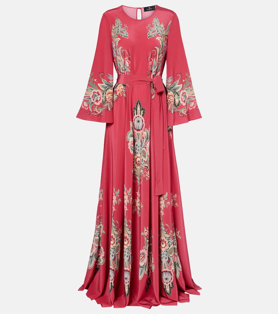 Belted printed silk maxi dress