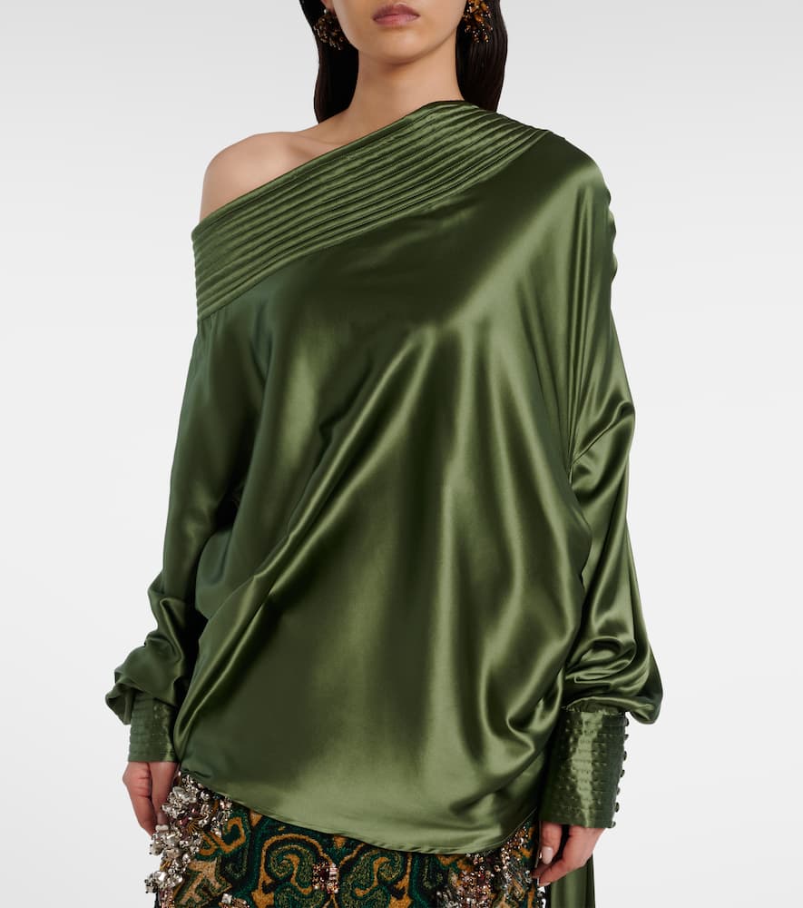 Asymmetric draped silk-blend satin top