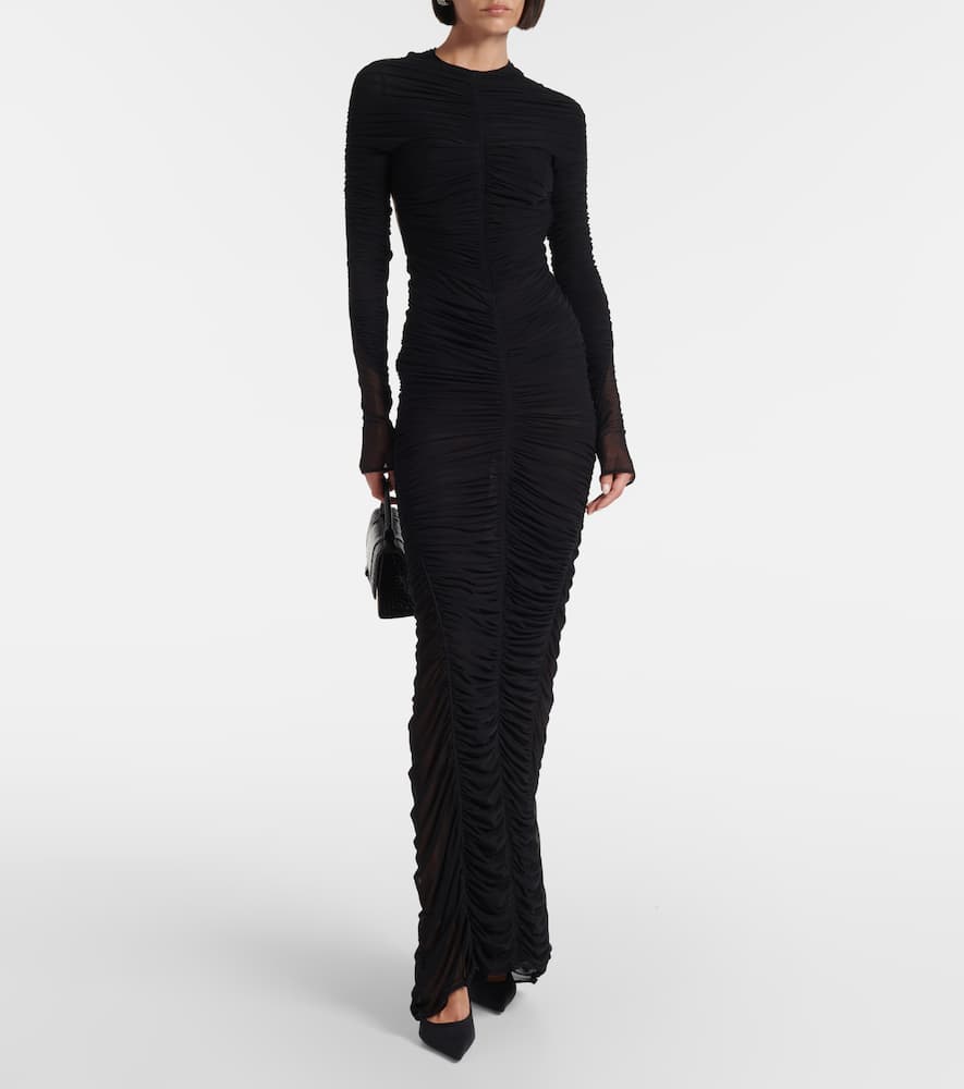 Ruched open-back mesh gown