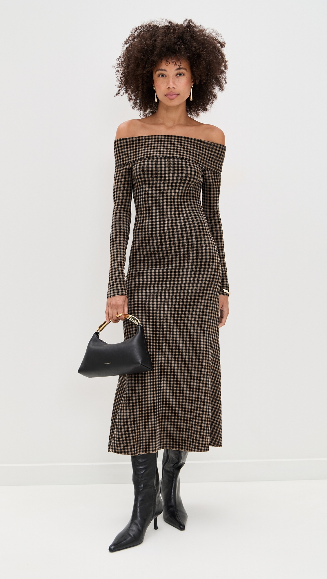 Gingham Knit Off Shoulder Dress Chocolate/Black