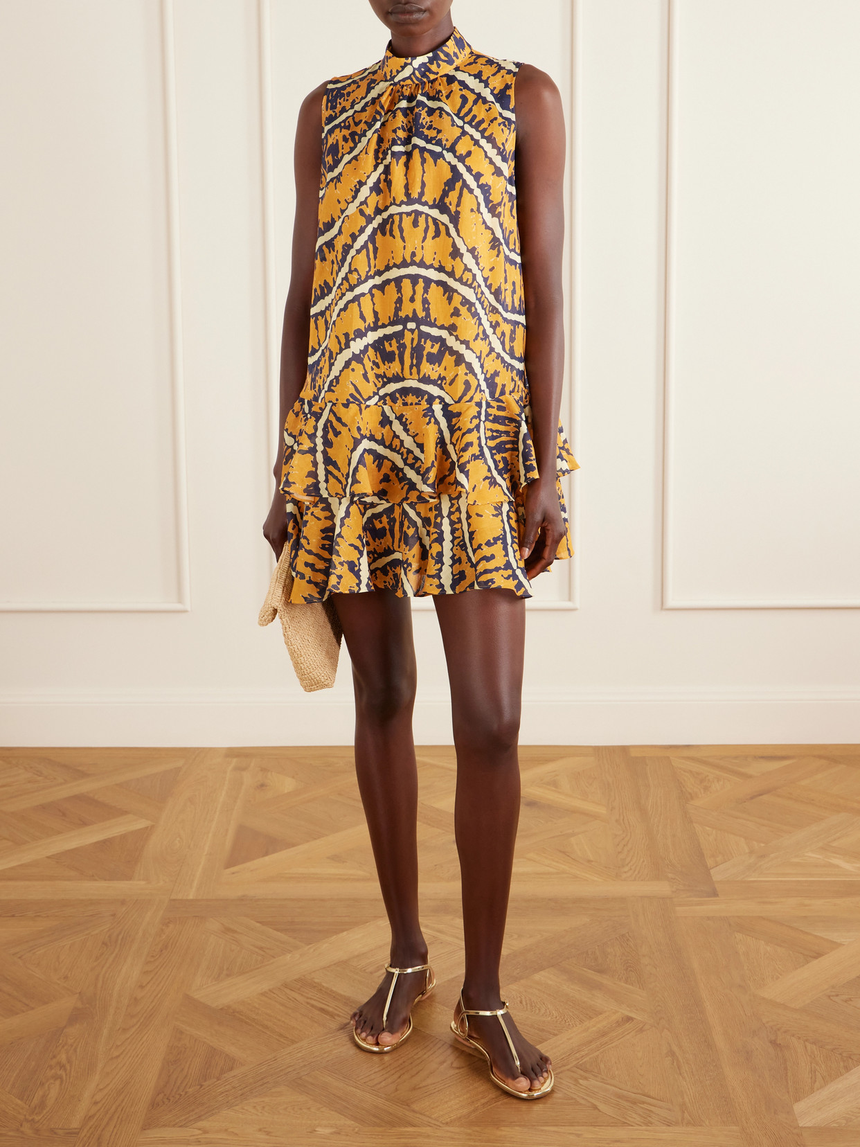 Ripple Tiered Printed Ramie Mini Dress - Yellow