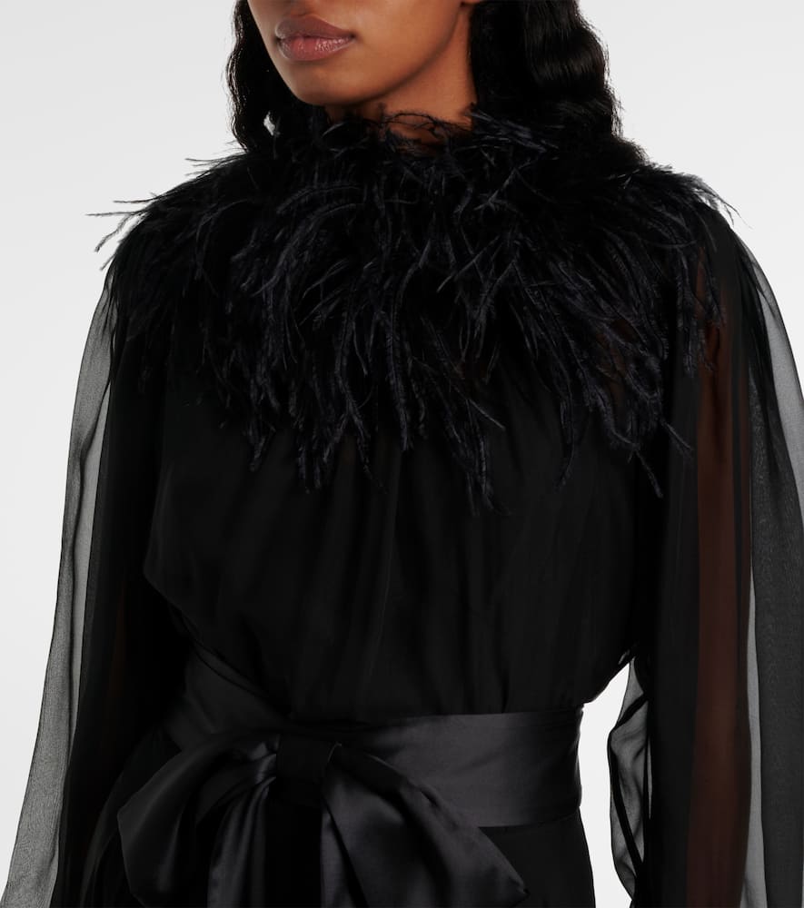 Feather-trimmed silk gown