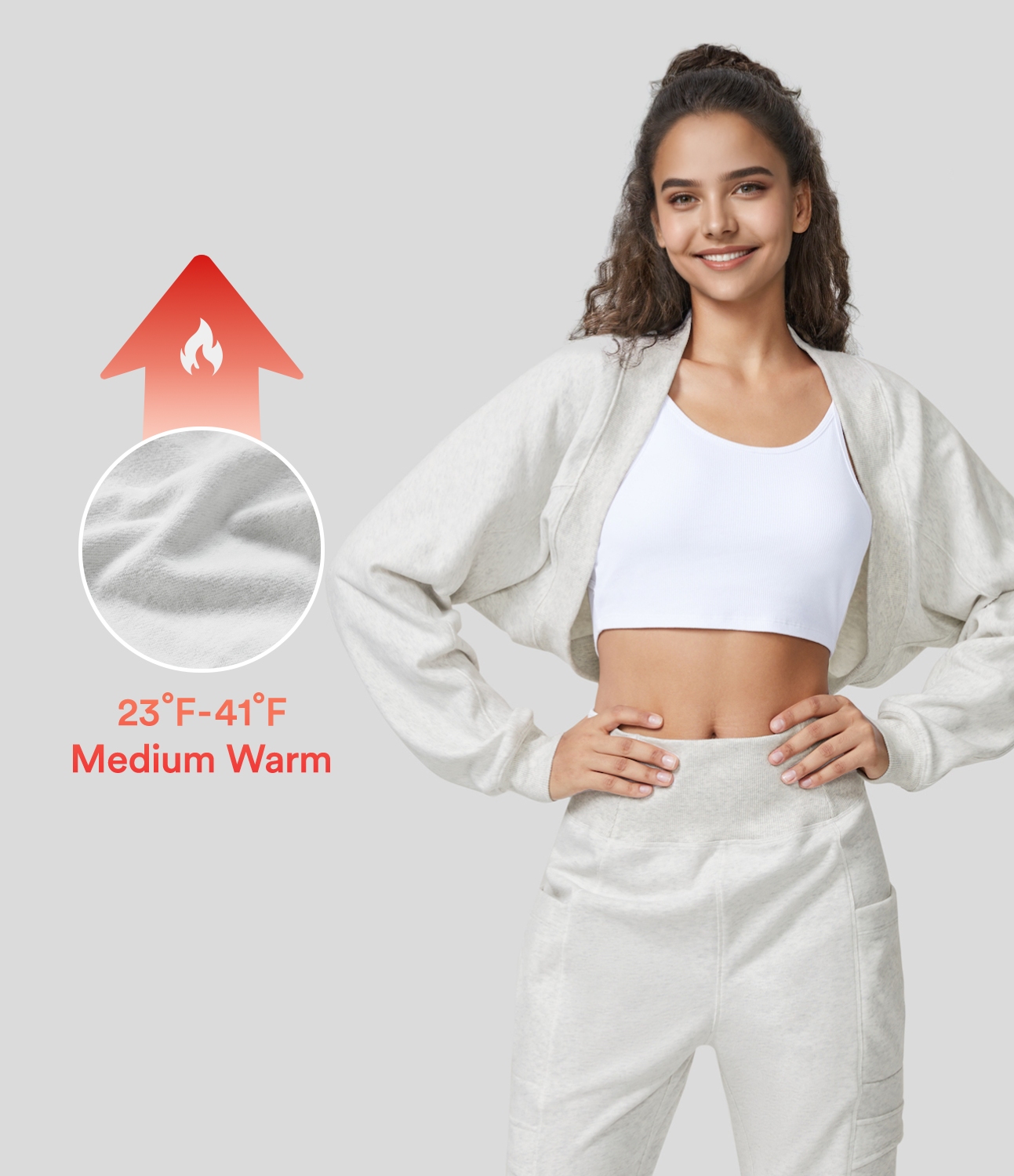 Batwing Sleeve Cropped Fleece Casual Cotton Shrug Bolero  - Tea White Flower Gray