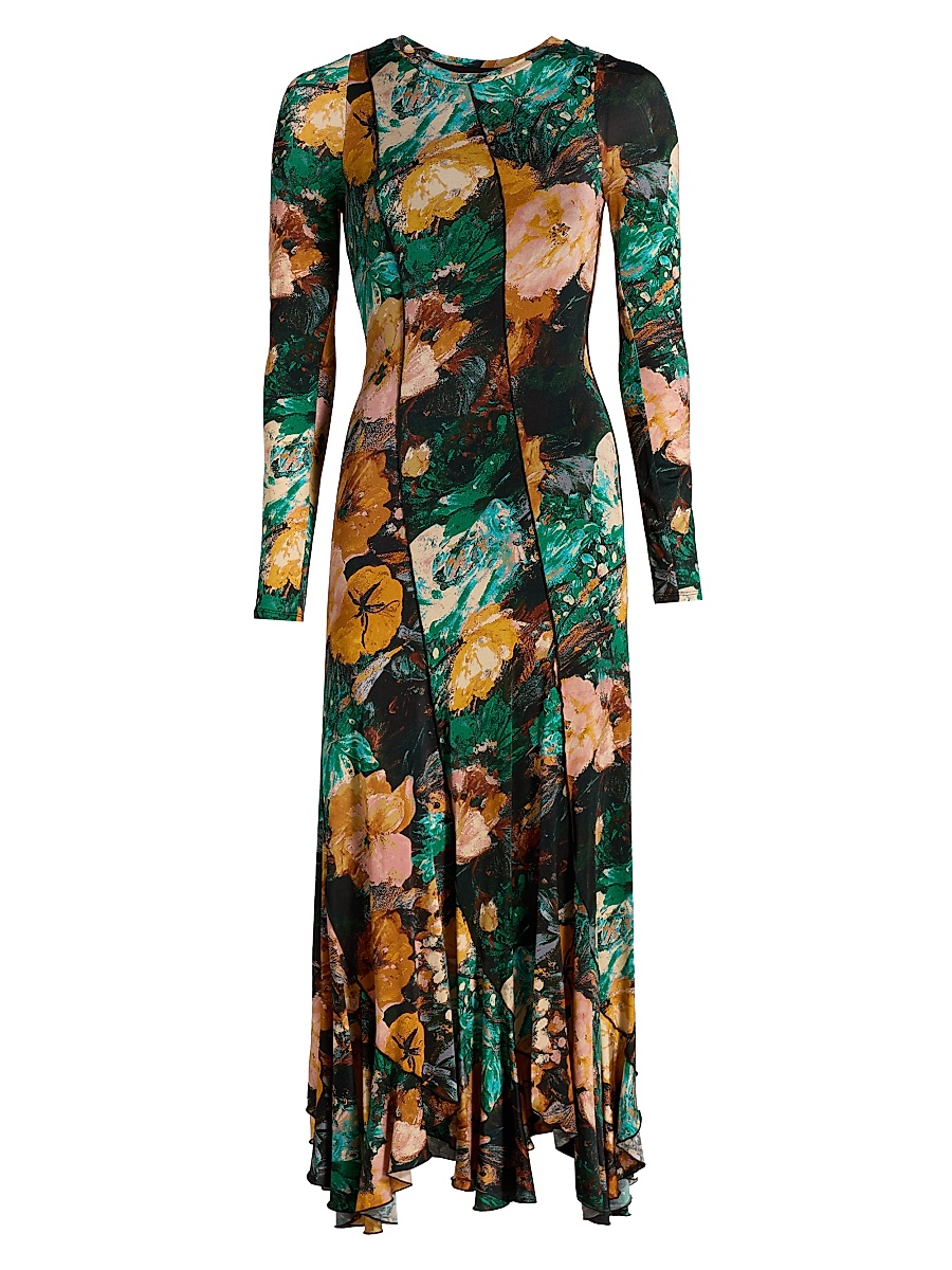 Women's Floral Stretch-Jersey Diagonal-Seamed Midi-Dress - Green Yellow Multi