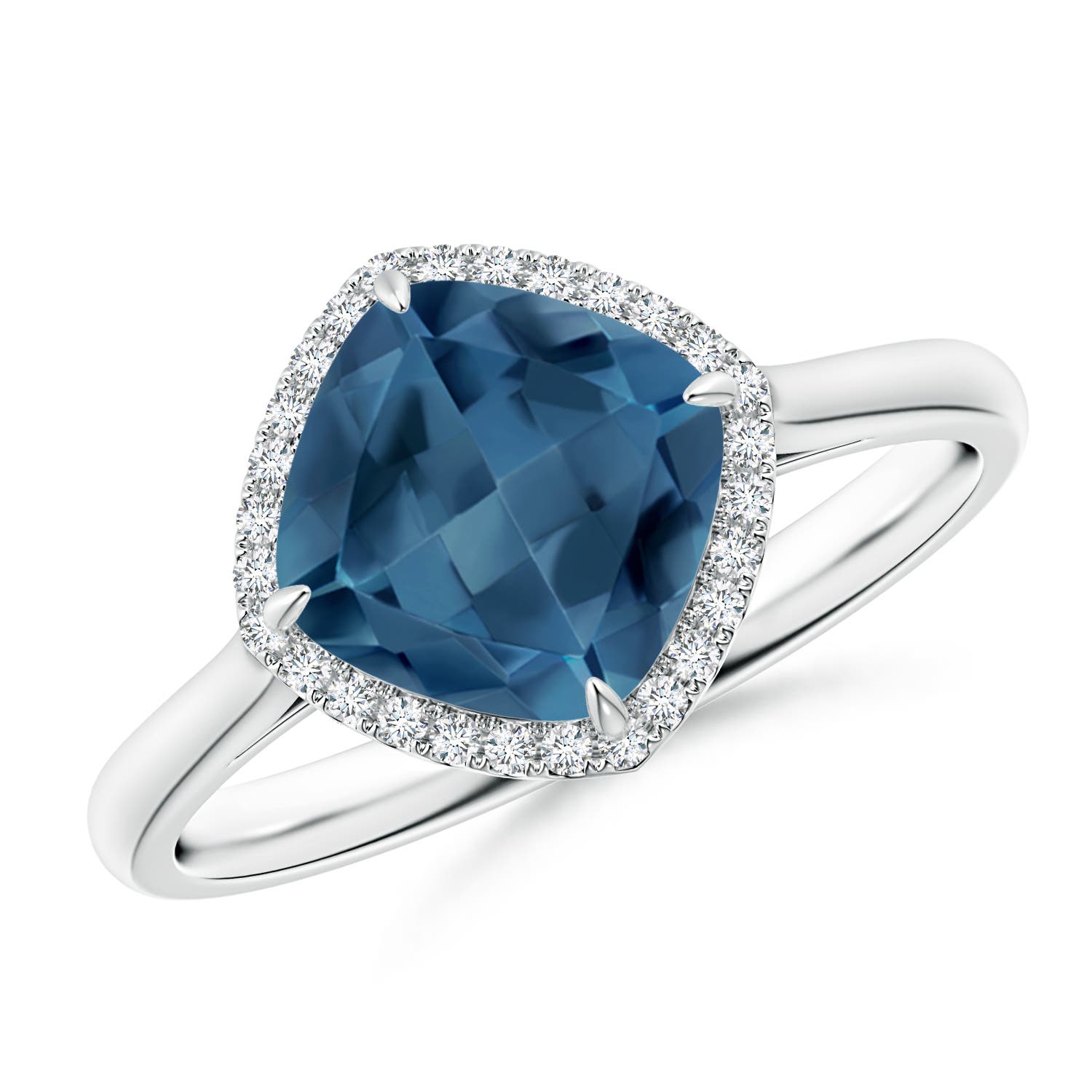 Angara 2.5 Carats Claw-Set Cushion London Blue Topaz Cocktail Halo Ring in Platinum