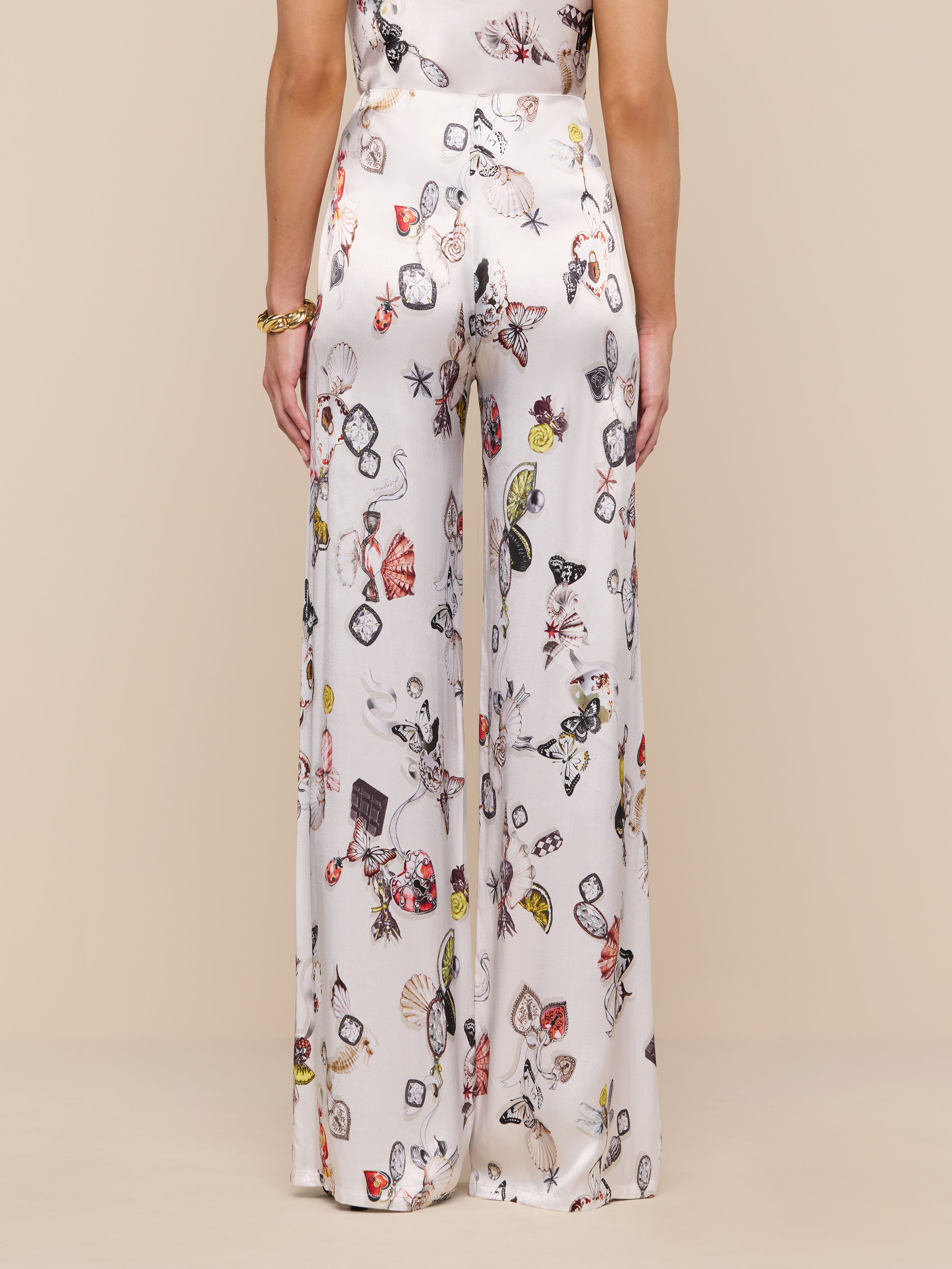 Kimia Satin Pants In Ecru Multi Lock Butterfly