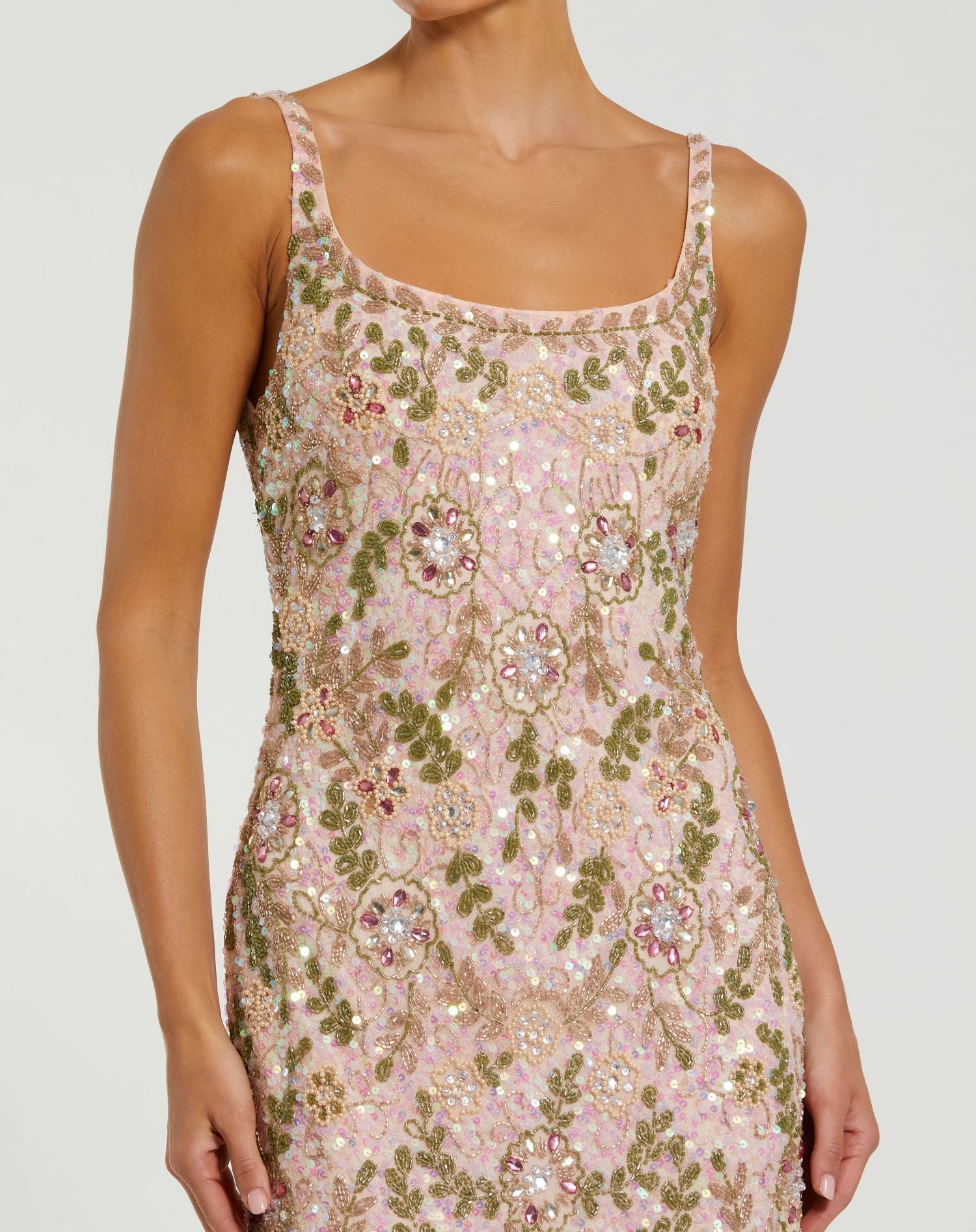 Sleeveless Hand Beaded Floral Midi Dress In Sand Multi