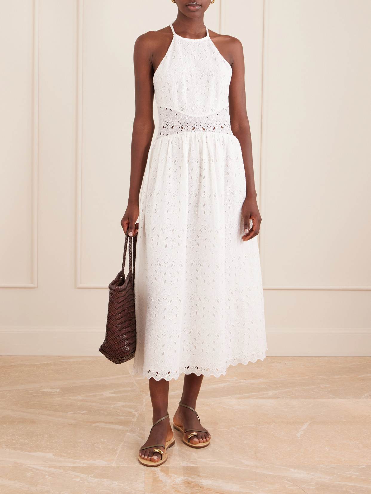 Scalloped Broderie Anglaise Ramie Halterneck Midi Dress - White