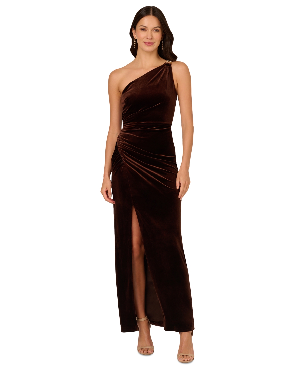 Women's Asymmetric One-Shoulder Velvet Gown - Dark Brown
