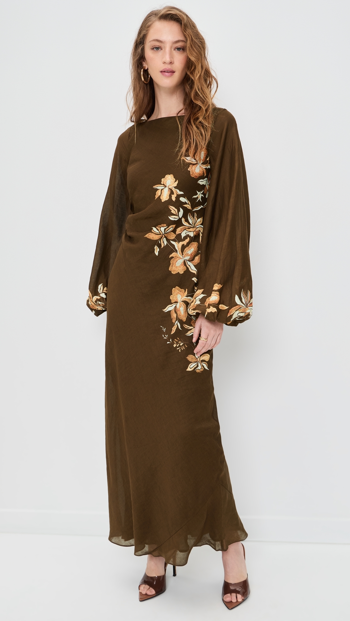 Boat Neck Long Dress Brown