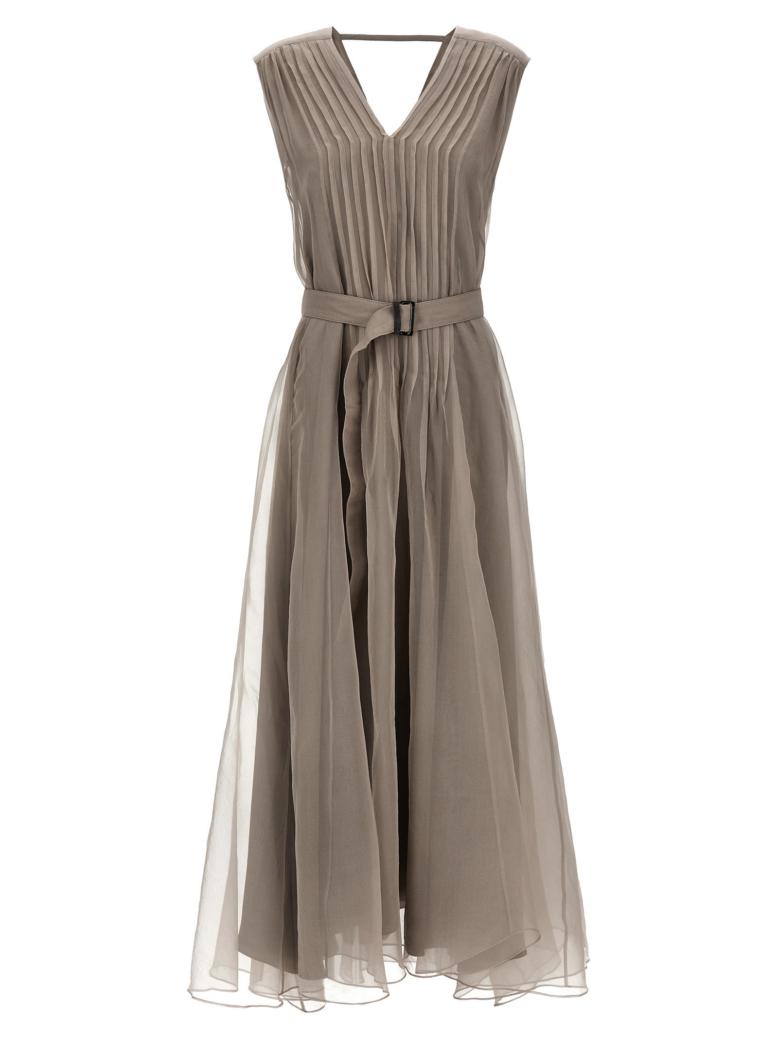 Pleated Silk Dress — Beige