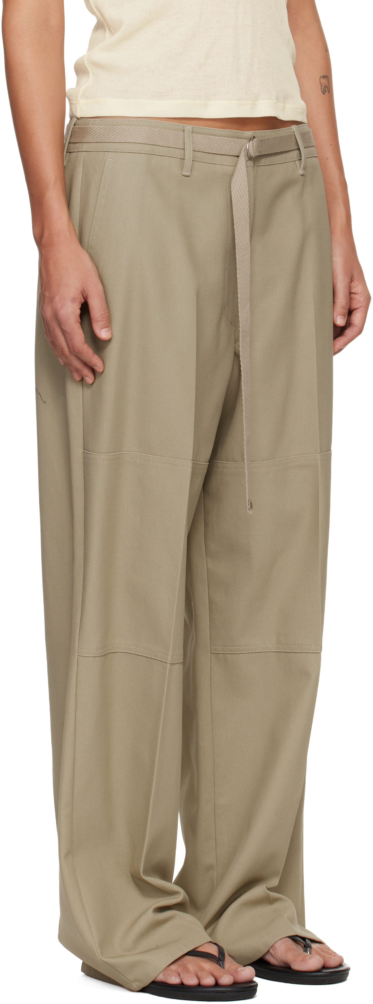 Beige Twill Paneled Trousers