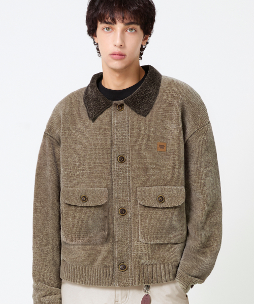 Leather Patchwork Velvet Cardigan Knit_Beige