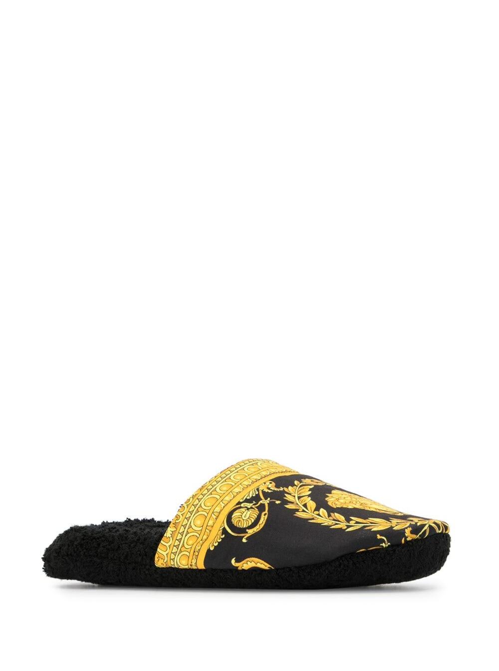 Black House Slippers In Cotton And Terry With Gold Embroidered Logo On The Toe
