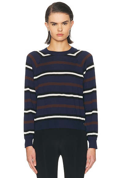 SPRWMN Cashmere Long Sleeve Striped Raglan Tee in Navy & Brown - Navy. XS also in