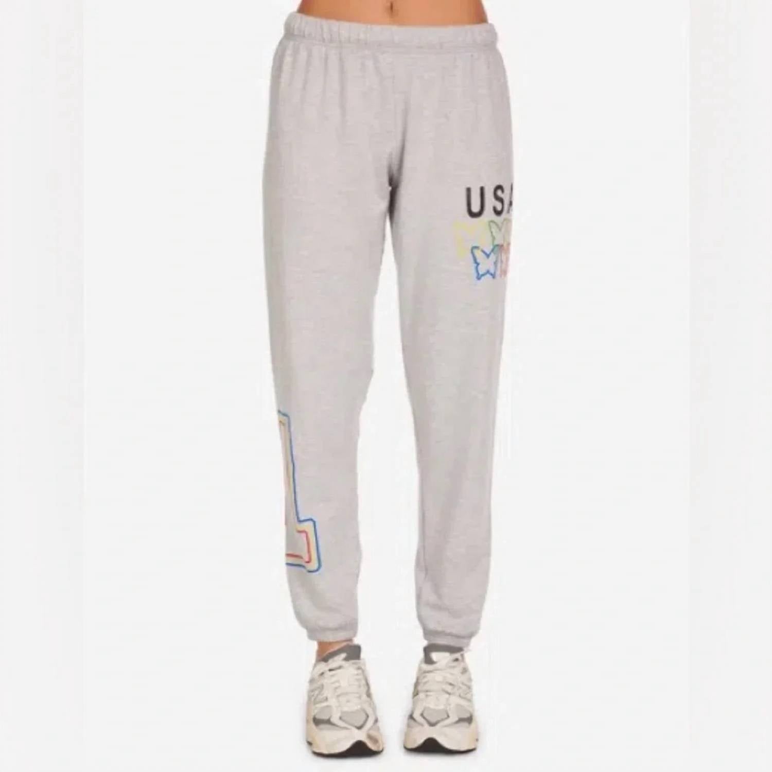 Tanzy Usa Butterflies Jogger Sweatpants In Heather Grey