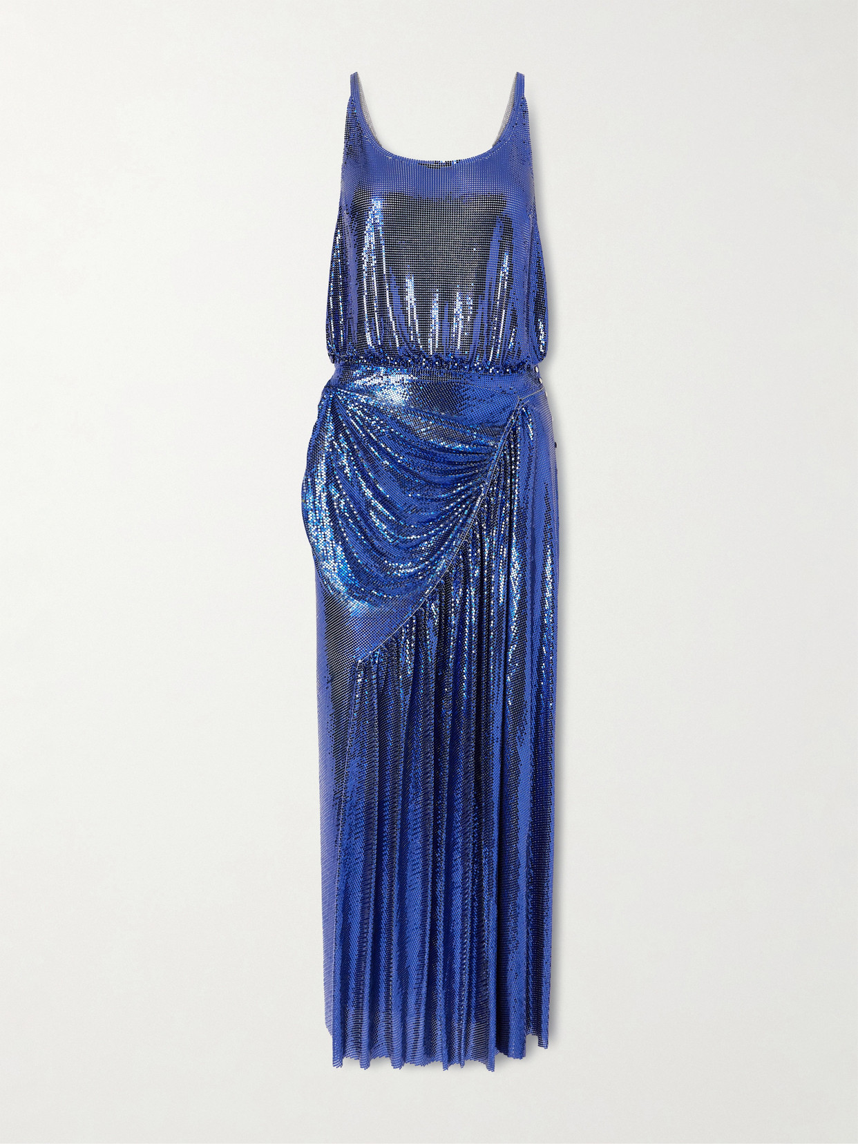Draped Pleated Chainmail Midi Dress - Blue