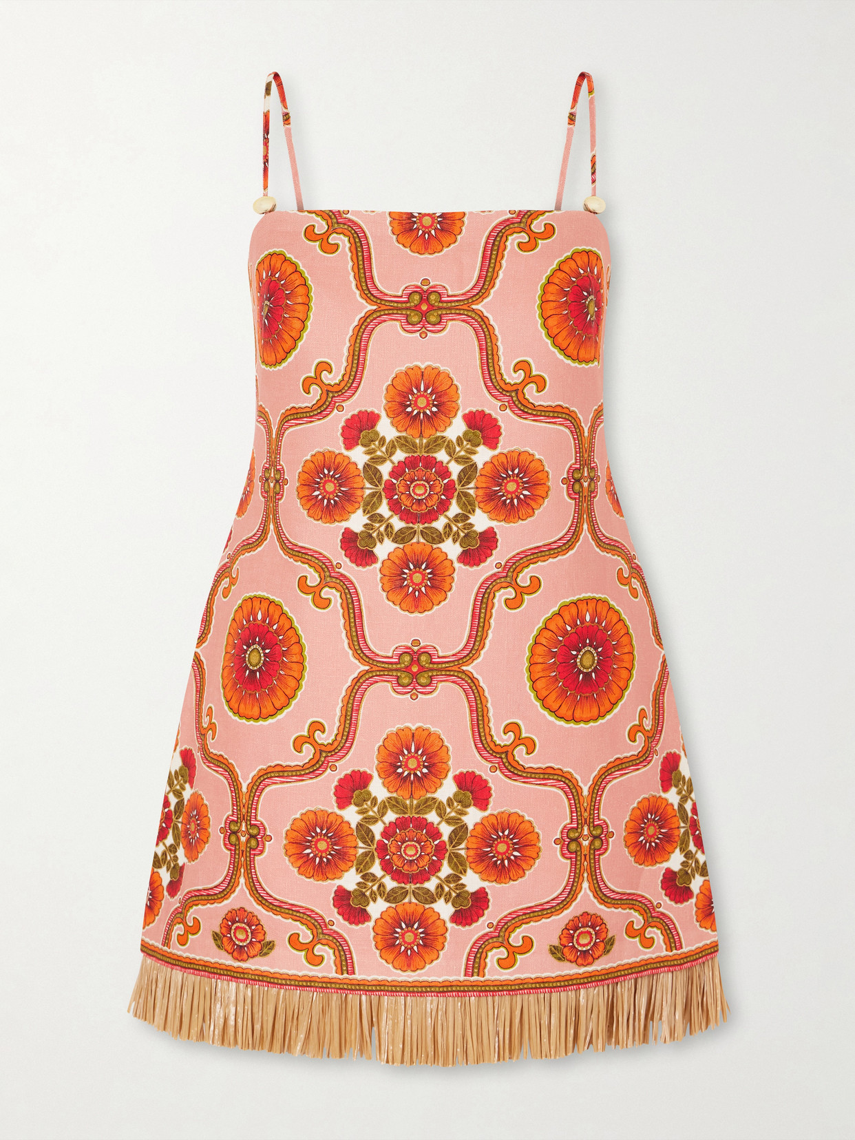 Valencia Printed Fringed Linen Mini Dress