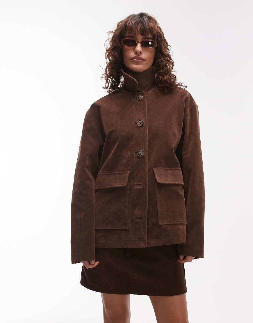 Topshop faux suede patch pocket boxy jacket in brown