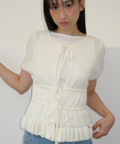 RUFFLE TEM TIE KNIT CARDIGAN IVORY