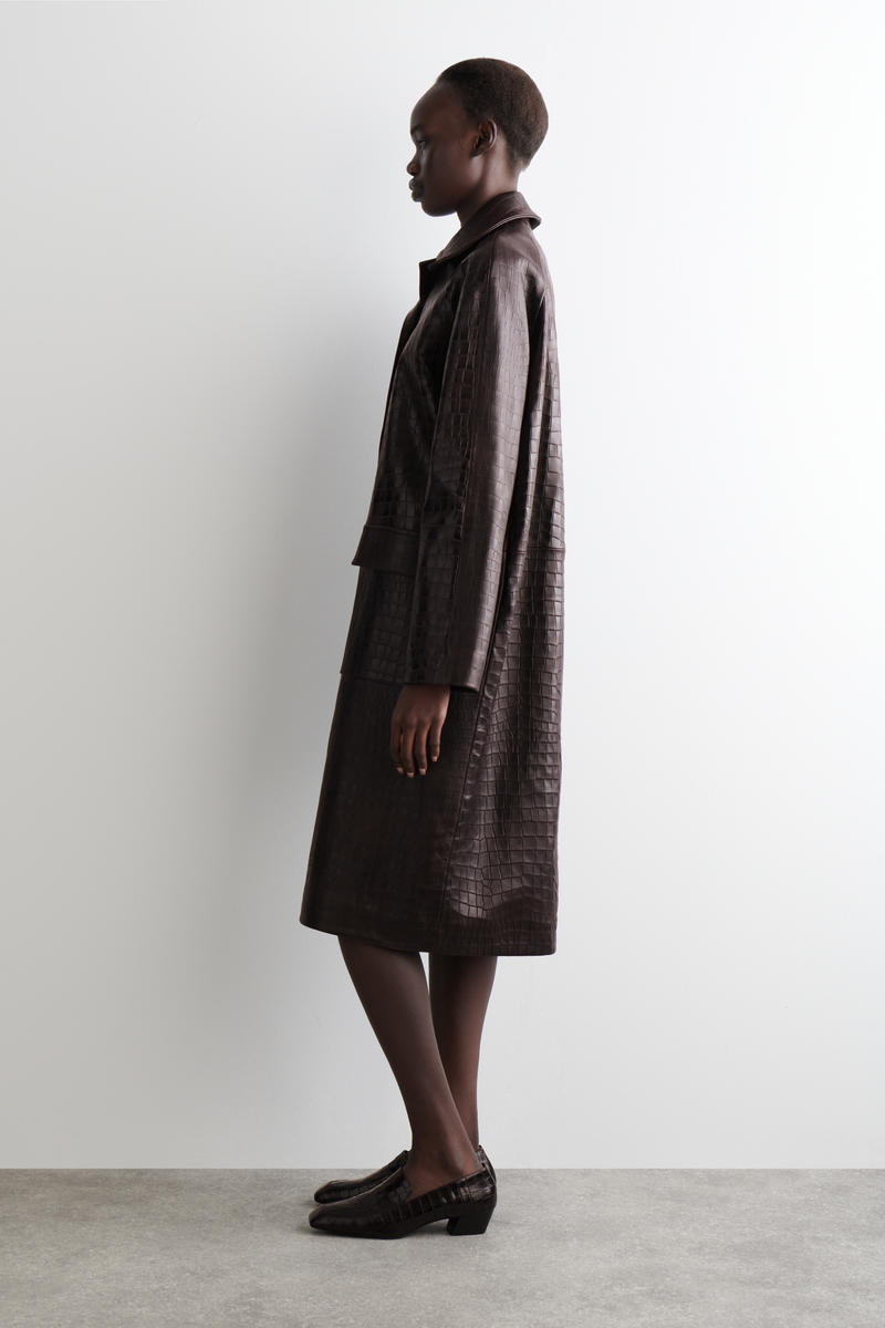 Croc-Effect Leather Long Coat