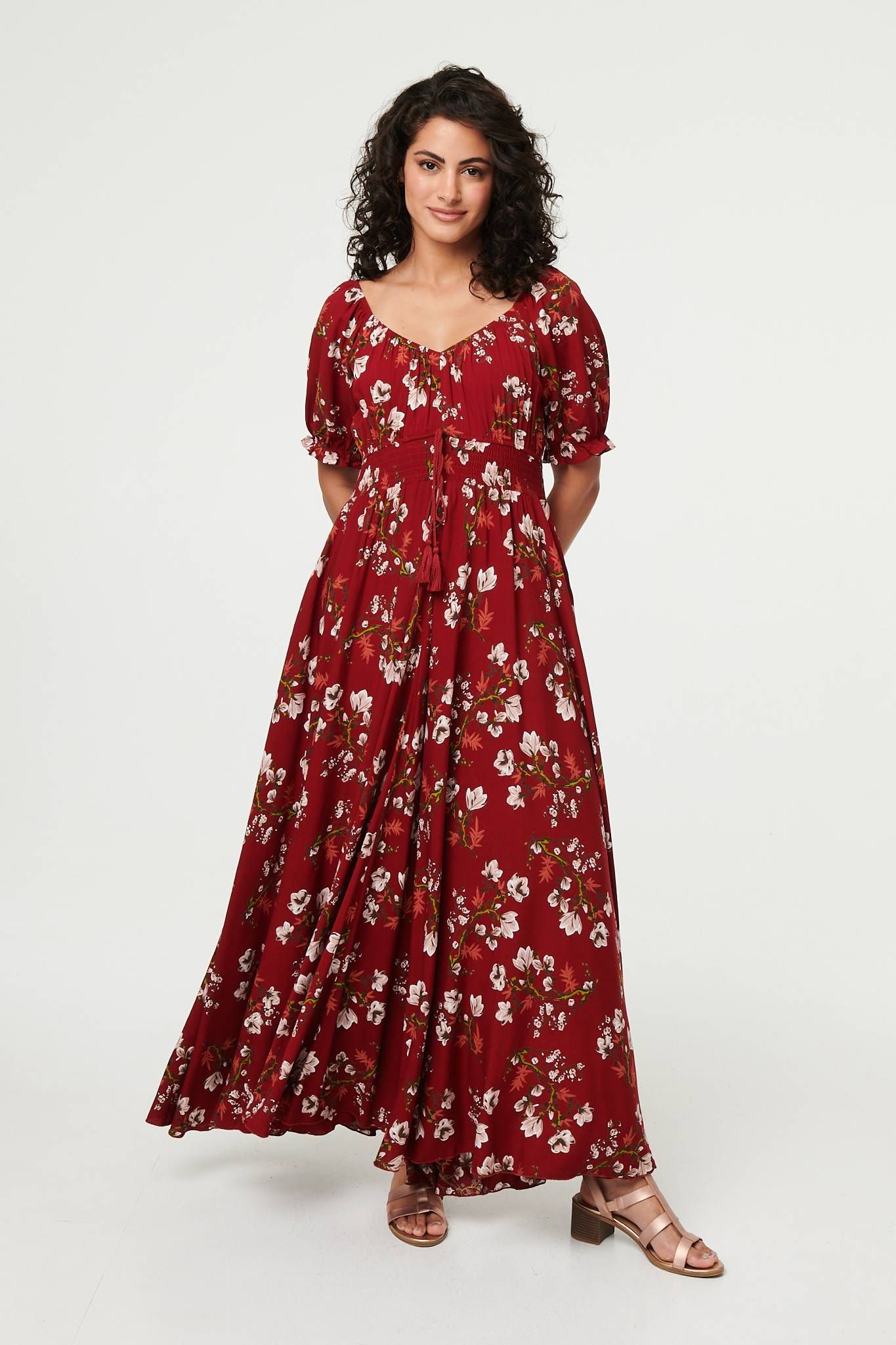 Izabel London Women's Floral Bardot Shirred Empire Maxi Dress in Red