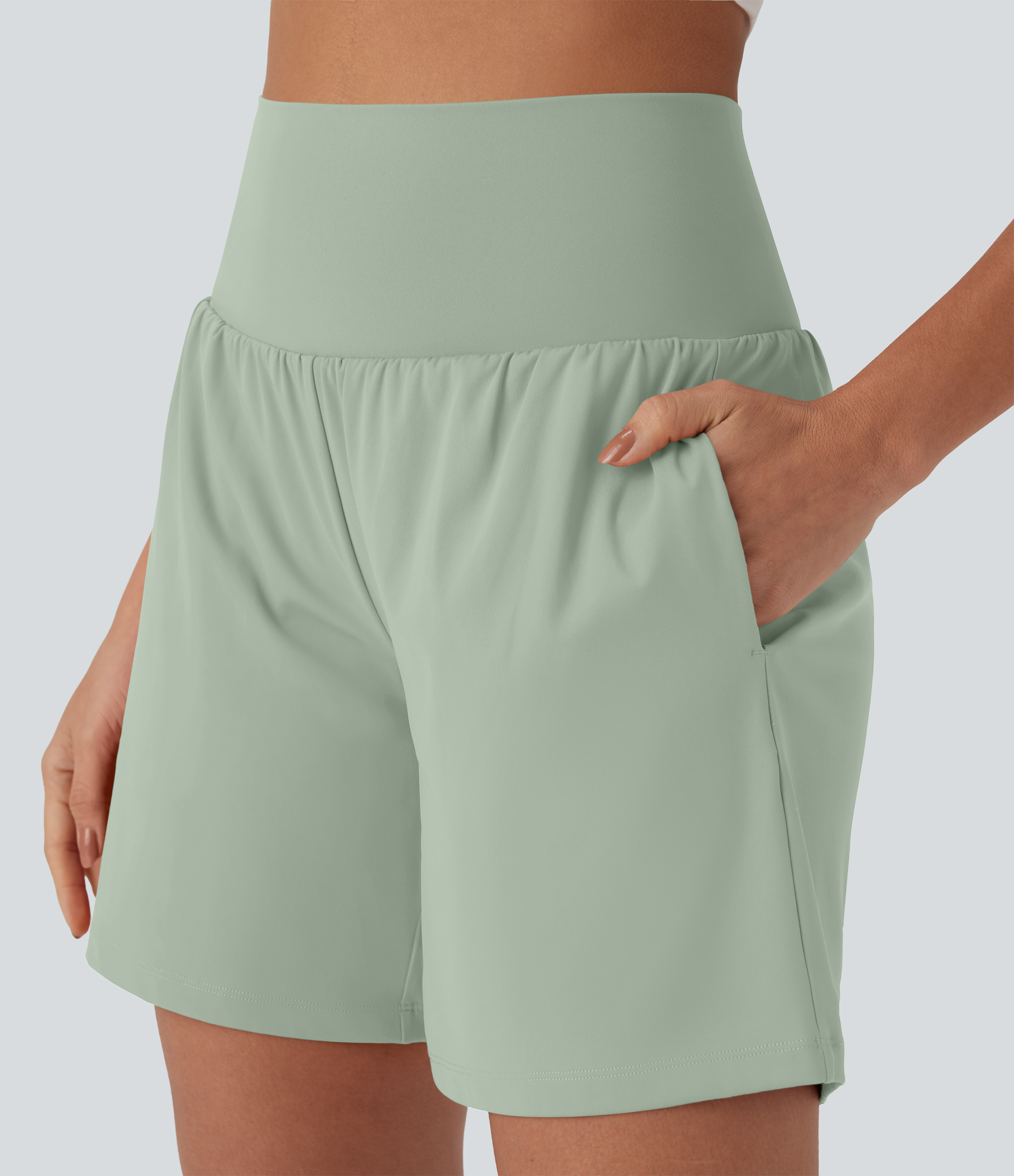 "SoftlyZero™ Airy Super High Waisted 2-in-1 Cool Touch Yoga Shorts 7"" with Pockets Gym Short - Light Bean Green
