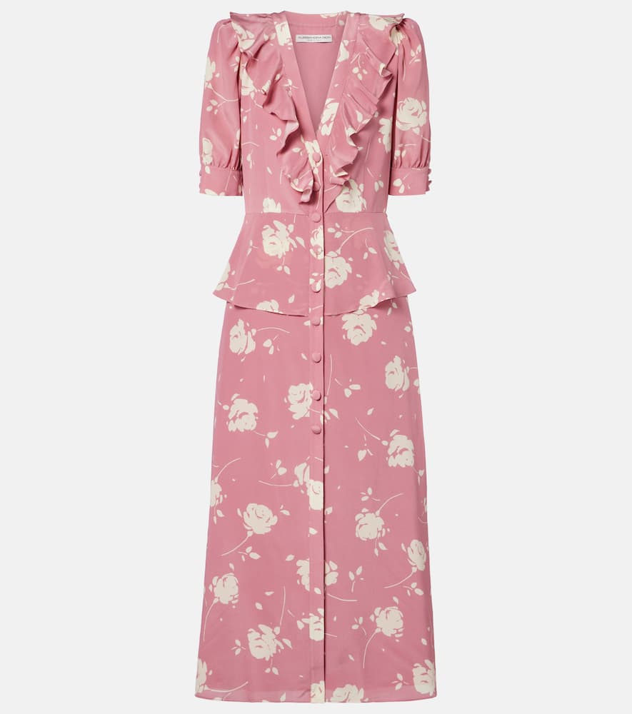 Floral ruffled silk midi dress