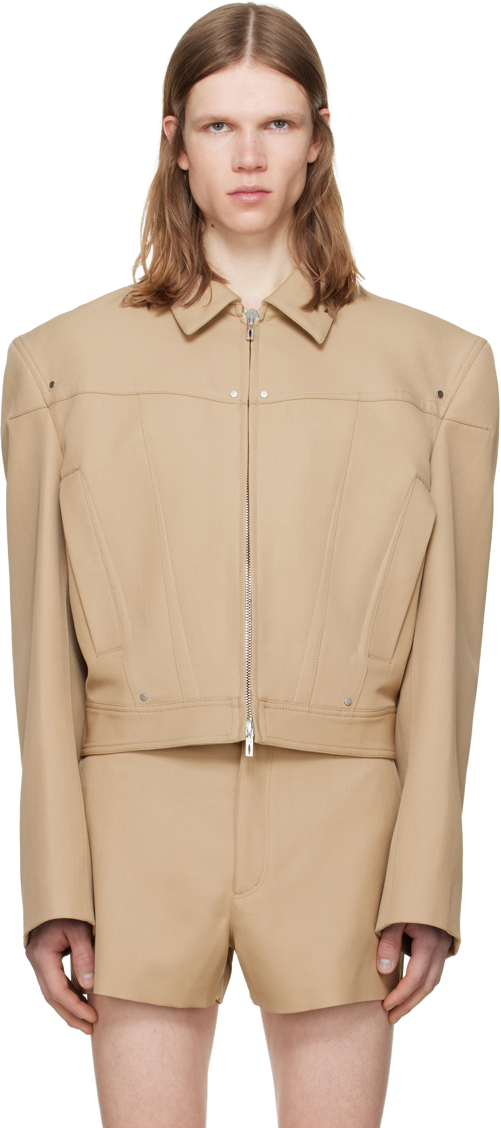 Beige Shoulder Padding Wool Zipped Jacket