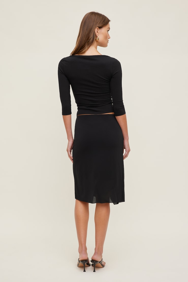 Asymmetric Draped Midi Skirt - Black - Women Clothing